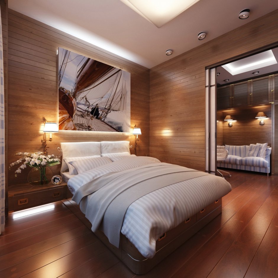 Спальня с деревянной отделкой
