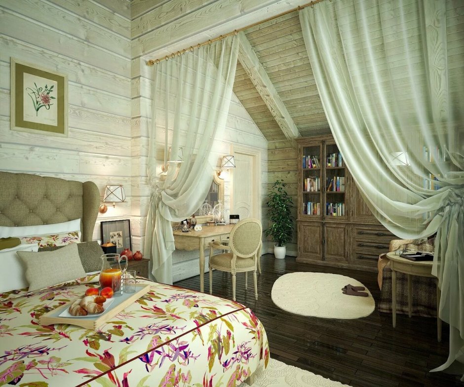 Интерьер спальни в бревенчатом доме в стиле Прованс