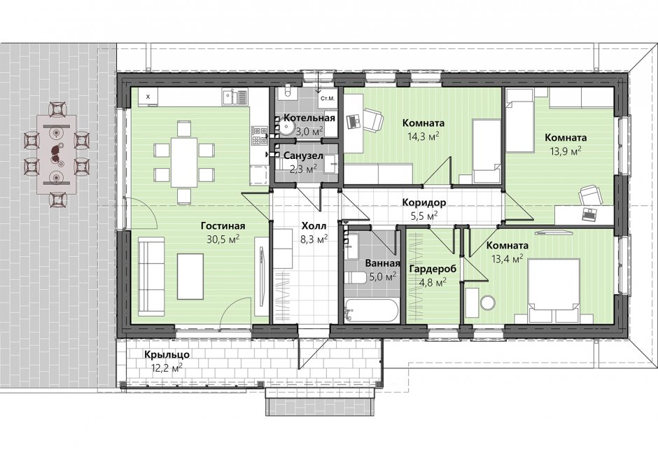 Планировки одноэтажных домов с спальнями (34 фото)