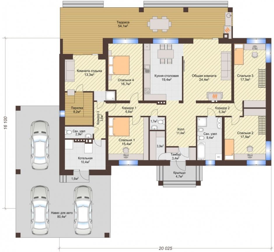 Одноэтажный дом 160м2 планировка с 4 спальнями