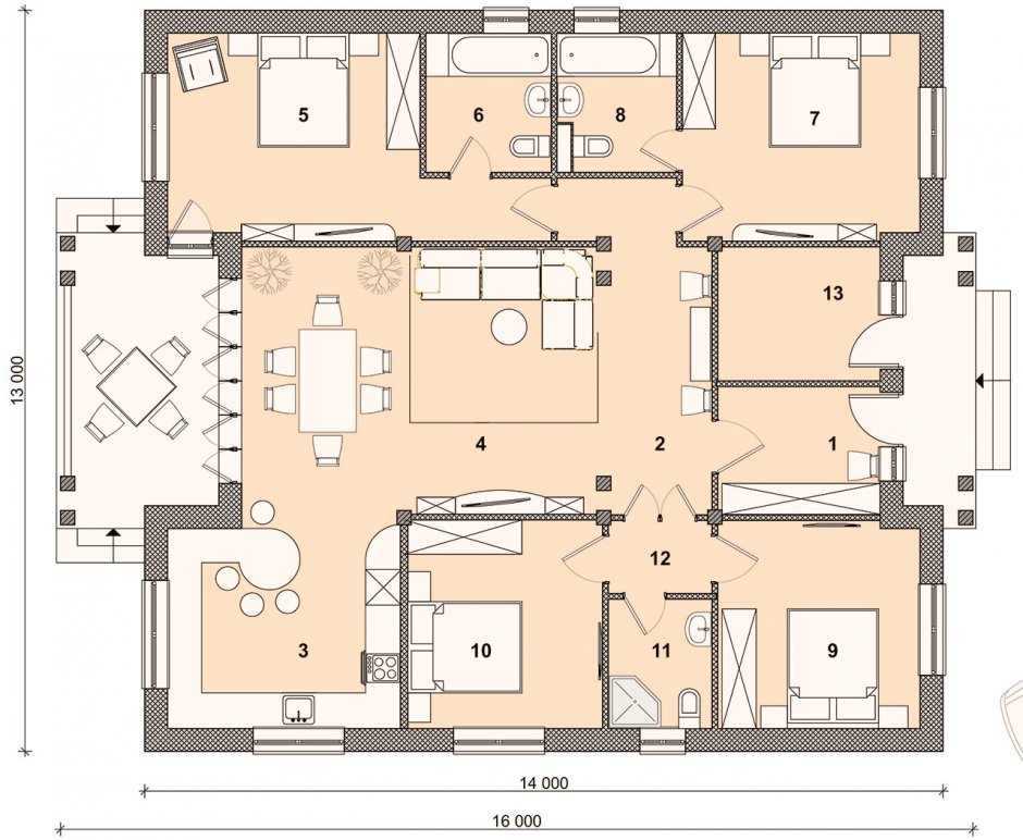 Планировки одноэтажных домов с 4 спальнями