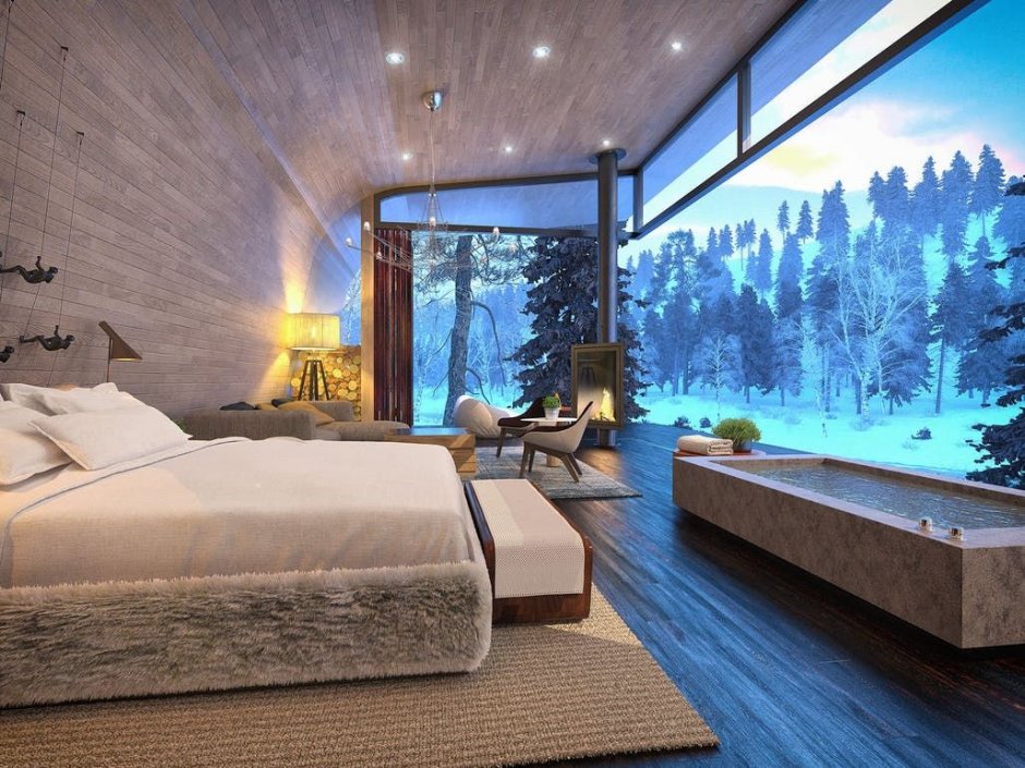 Современный дом спальня с панорамными окнами