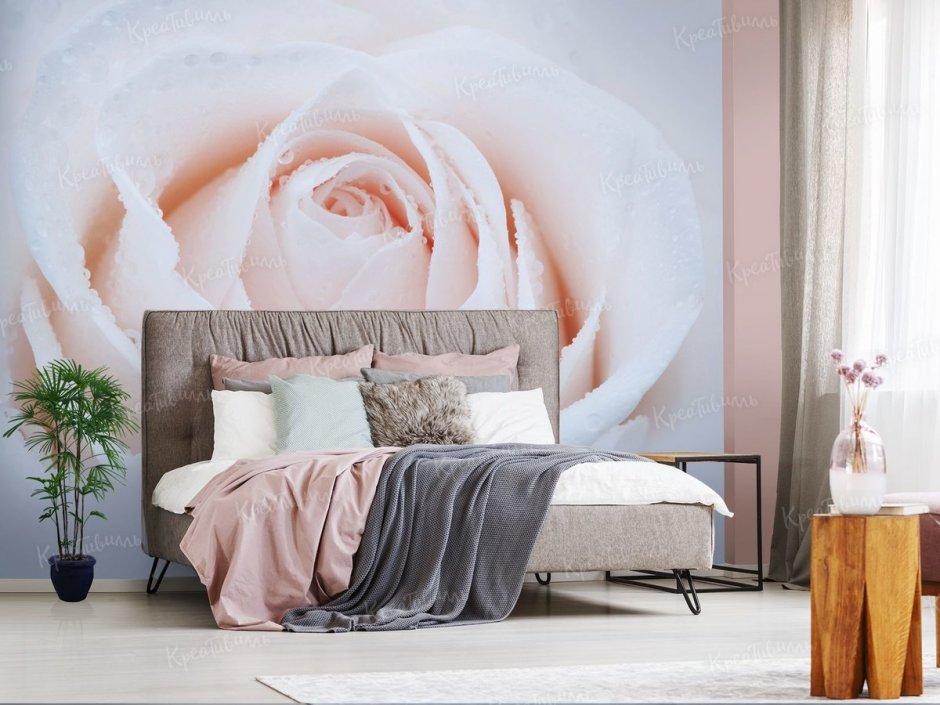 Фотообои розы в спальне над кроватью