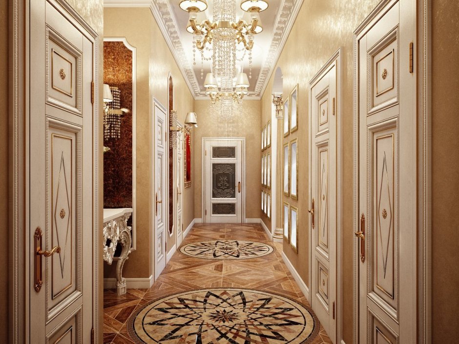 Длинный узкий коридор в классическом стиле