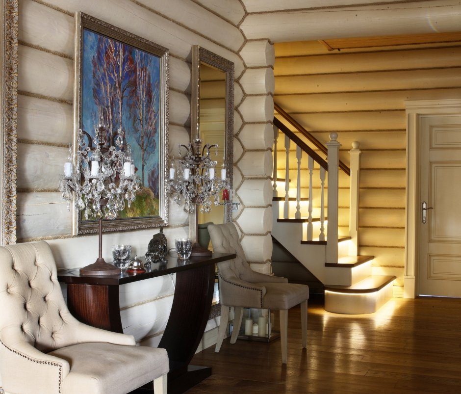 Интерьер в доме из бревна в современном стиле