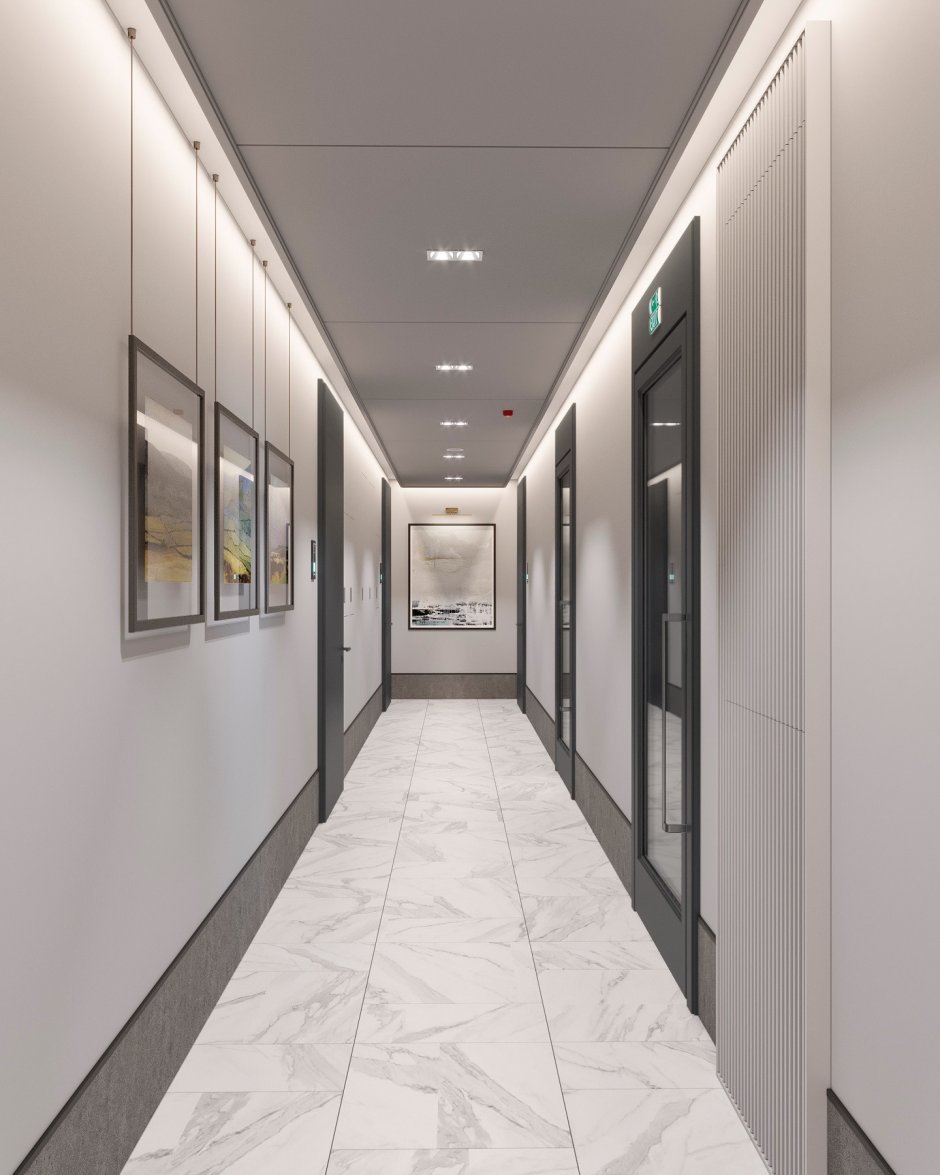 Офисный коридор с белой дверью