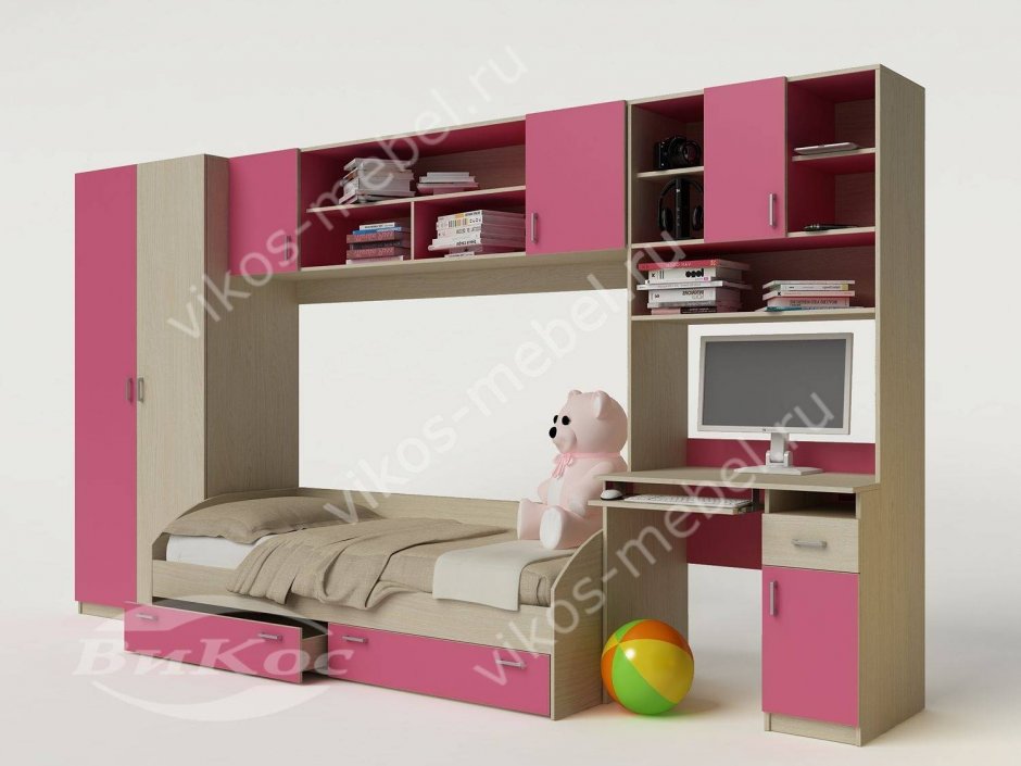 Детская розовая стенка с кроватью