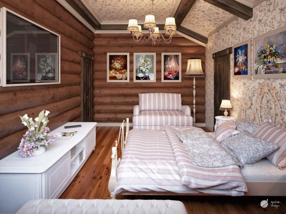 Спальня в доме из бревна