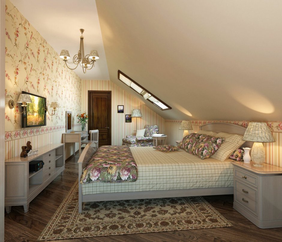 Интерьер спальни на мансарде