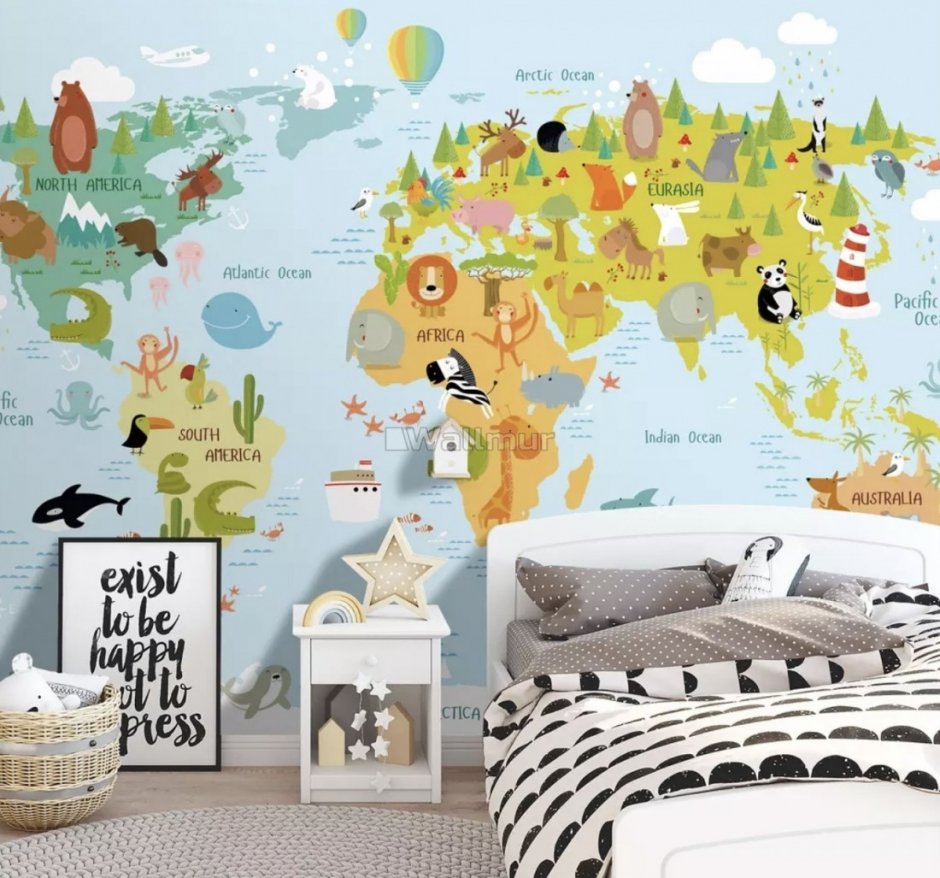 Детская карта мира на стену с животными
