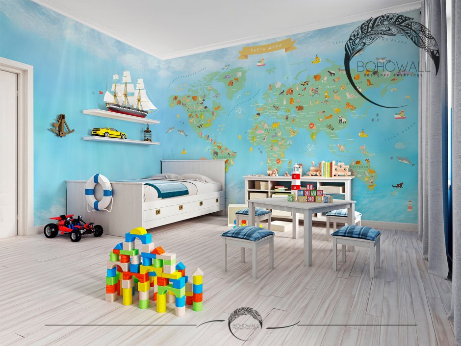 Детская комната с картой мира на стене интерьер