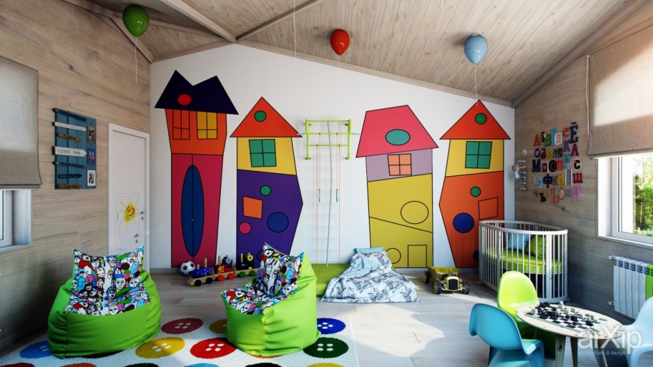 Домики на стене в детской комнате мальчику