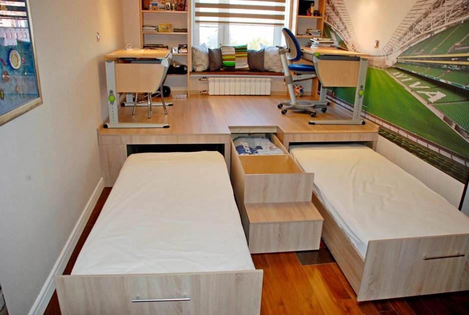Выдвижные кровати для двоих детей с подиумом