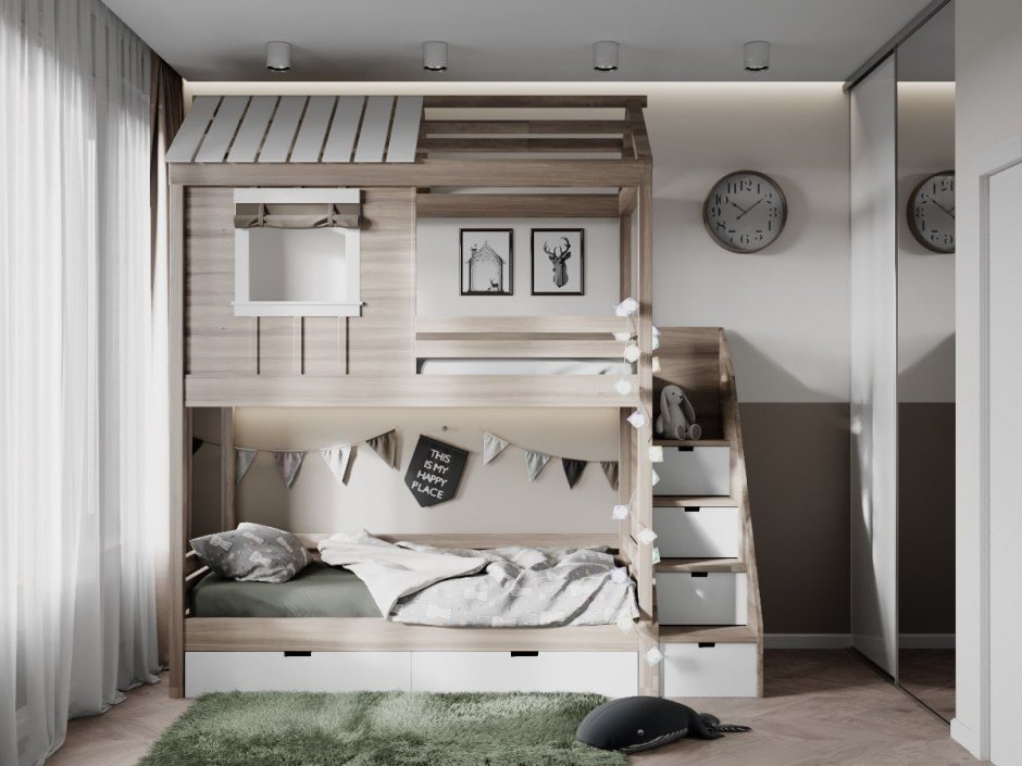 Дизайн комнаты для молодого человека с кроватью на 2 этаже