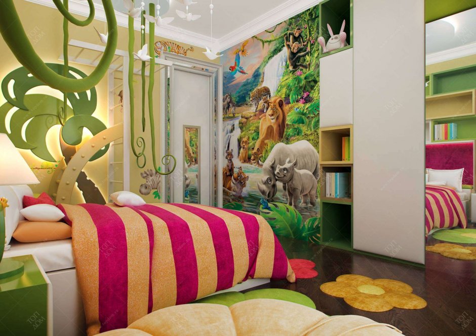 Детская комната в зеленых тонах роспись стены