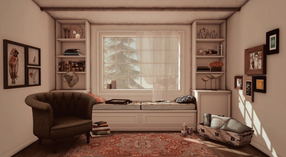 Интерьер гостиной комнаты с окном посередине