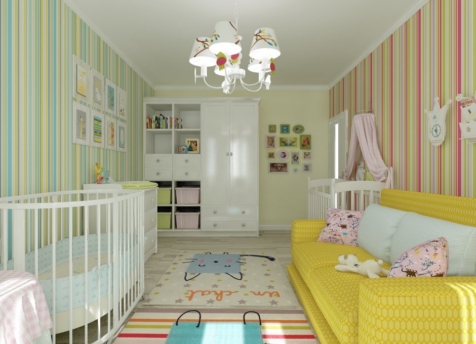 Детская комната с полосатыми обоями