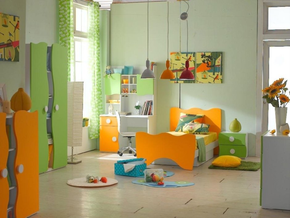 Детская мебель зелено оранжевого цвета