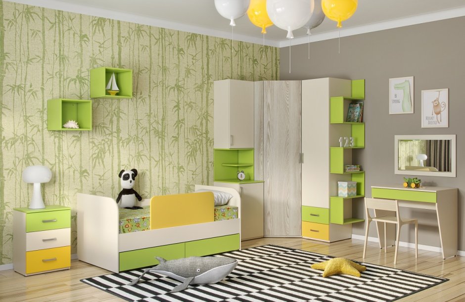 Зелено-желтая спальня детская