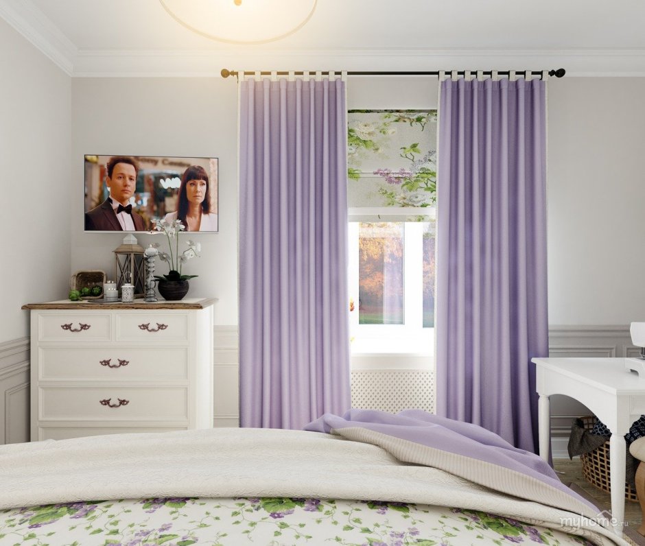 Лиловые шторы в спальне