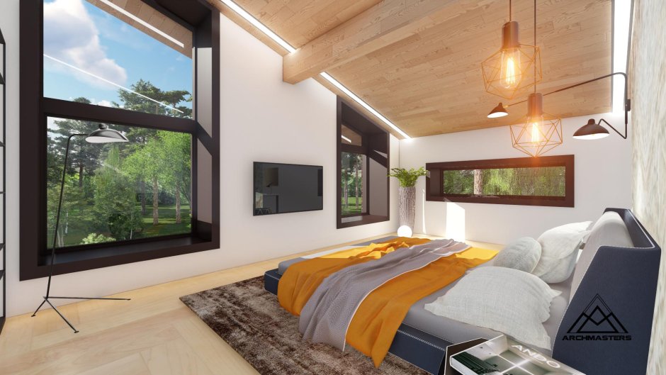 Спальня в скандинавском стиле с панорамными окнами