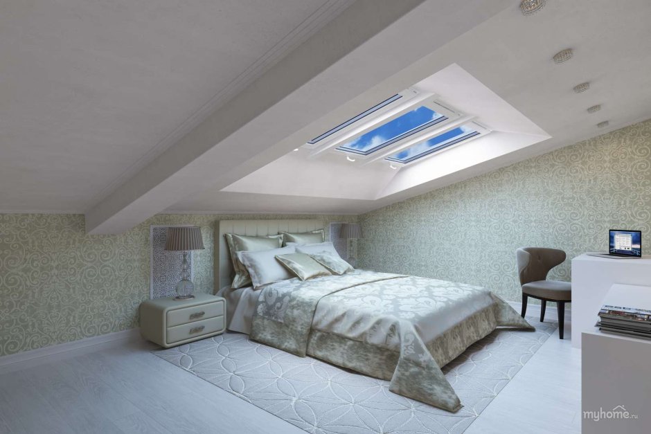 Спальня с мансардным потолком водоэмульсионной
