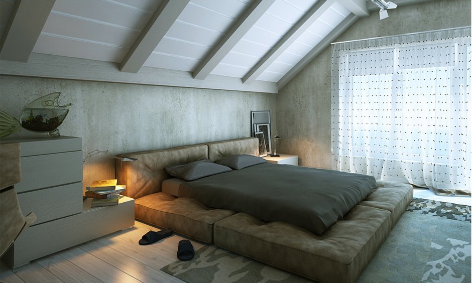 Спальня в стиле лофт на мансардном этаже