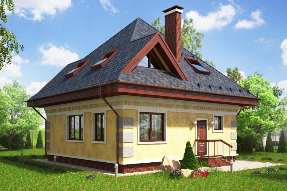 Одноэтажный дом с многоскатной крышей