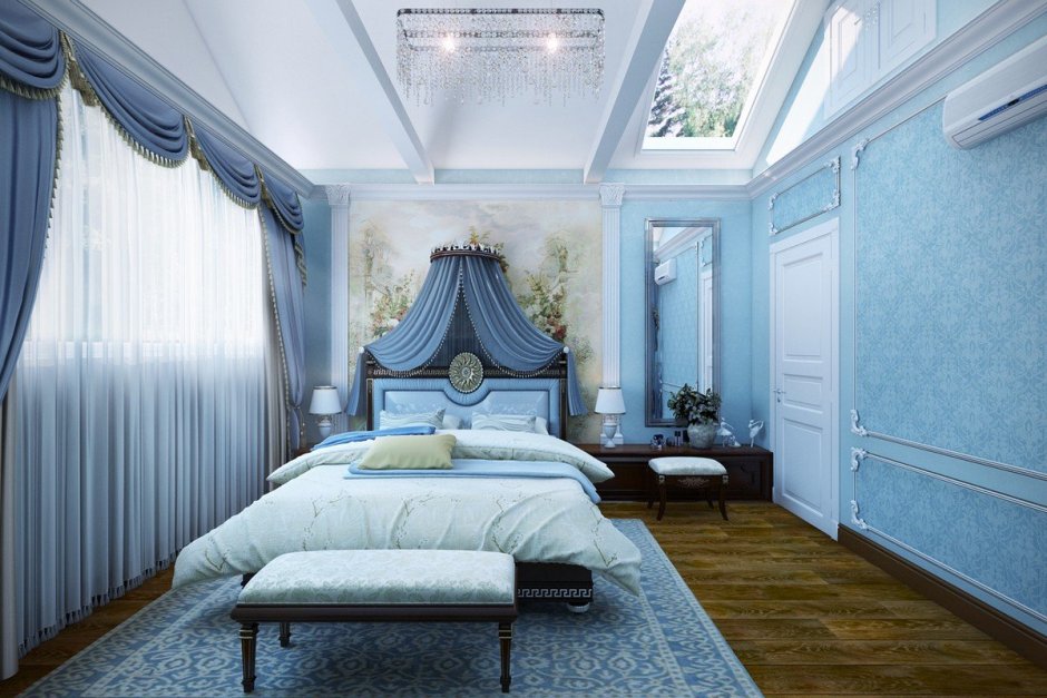 Спальня в классическом стиле в голубых тонах