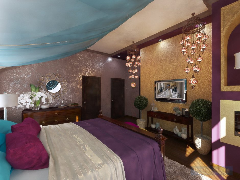 Дизайнерское решение для спальни мансарда в Восточном стиле фото