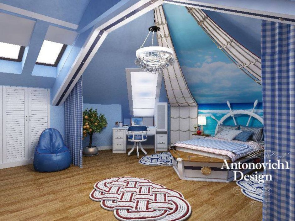 Мансардная спальня в морском стиле