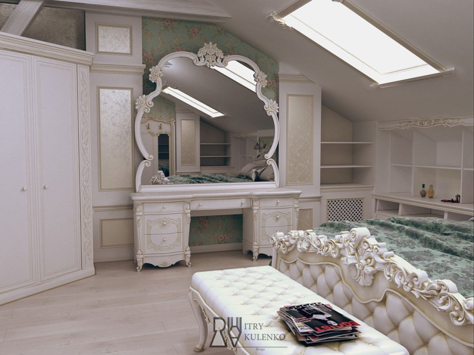 Интерьер спальни в мансарде в классическом стиле