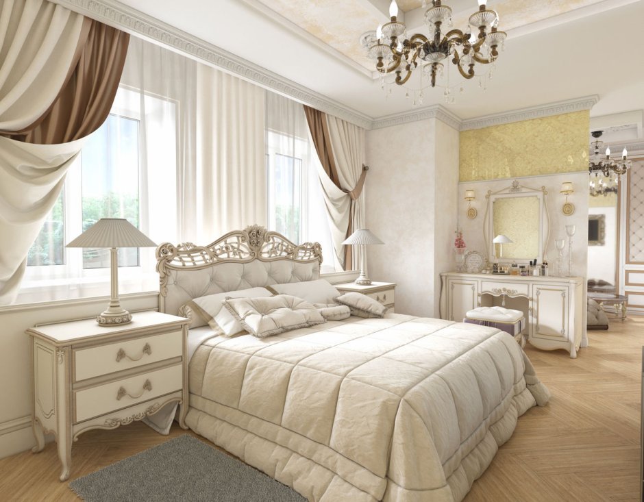 Интерьер мансардной спальни в классическом стиле