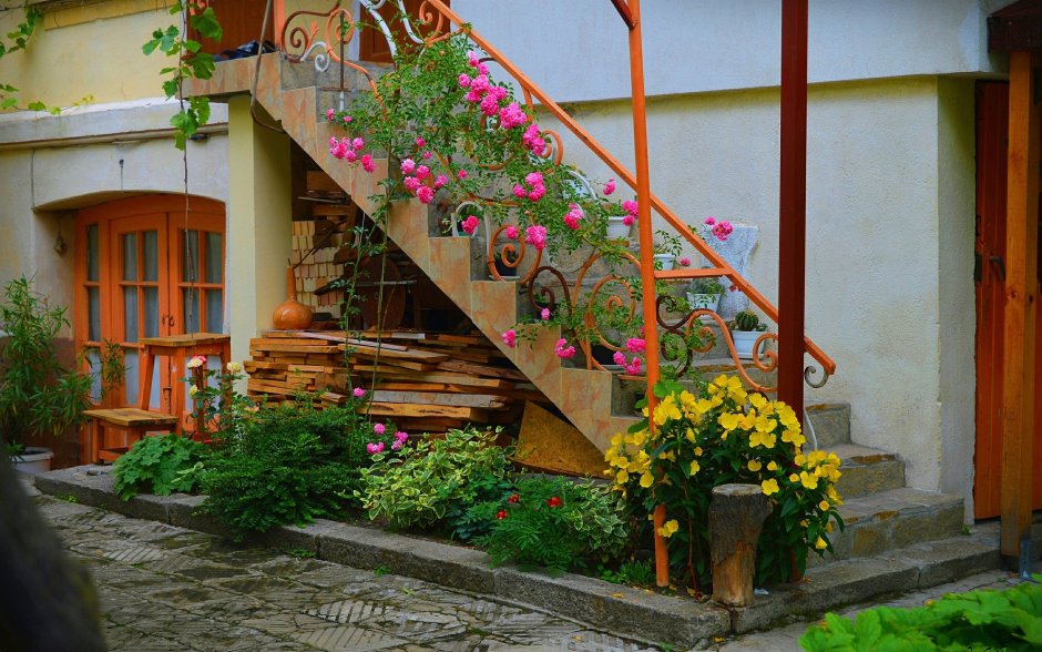 Цветы на лестнице в саду