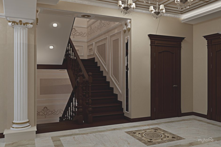 Холл с лестницей на второй этаж в частном доме в итальянском стиле