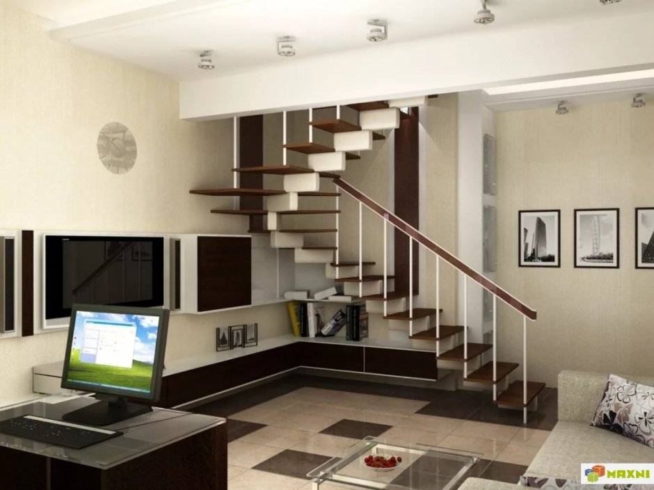Интерьер 2х уровневой квартиры с лестницей