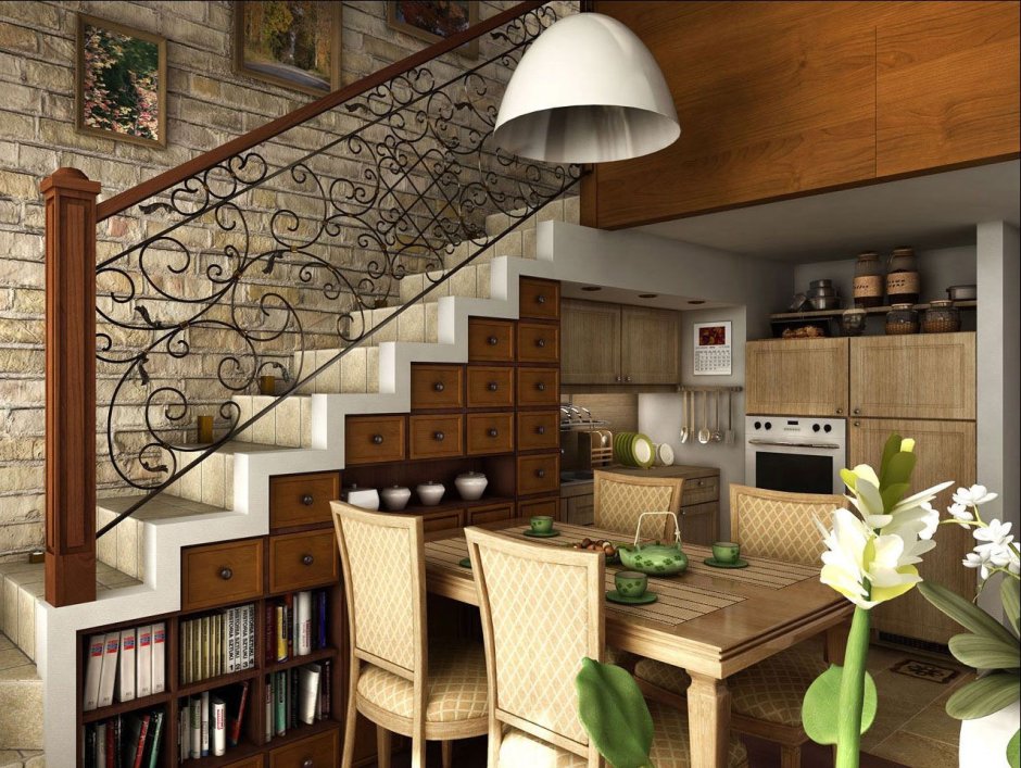Интерьер кухни гостиной с лестницей