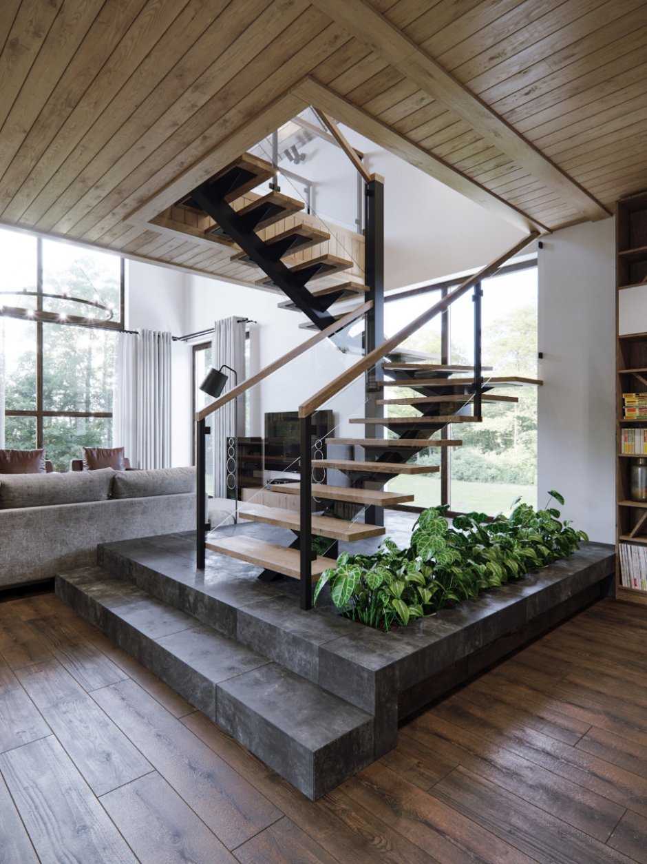 Деревянная лестница с подиумом