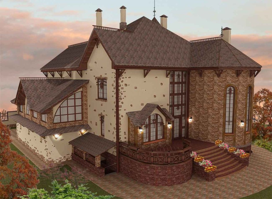 Дизайн фасада загородного дома башней мангалом