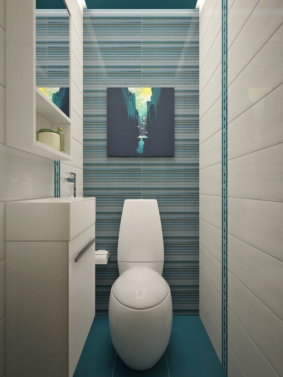 Интерьер туалета с инсталляцией голубой и дерево