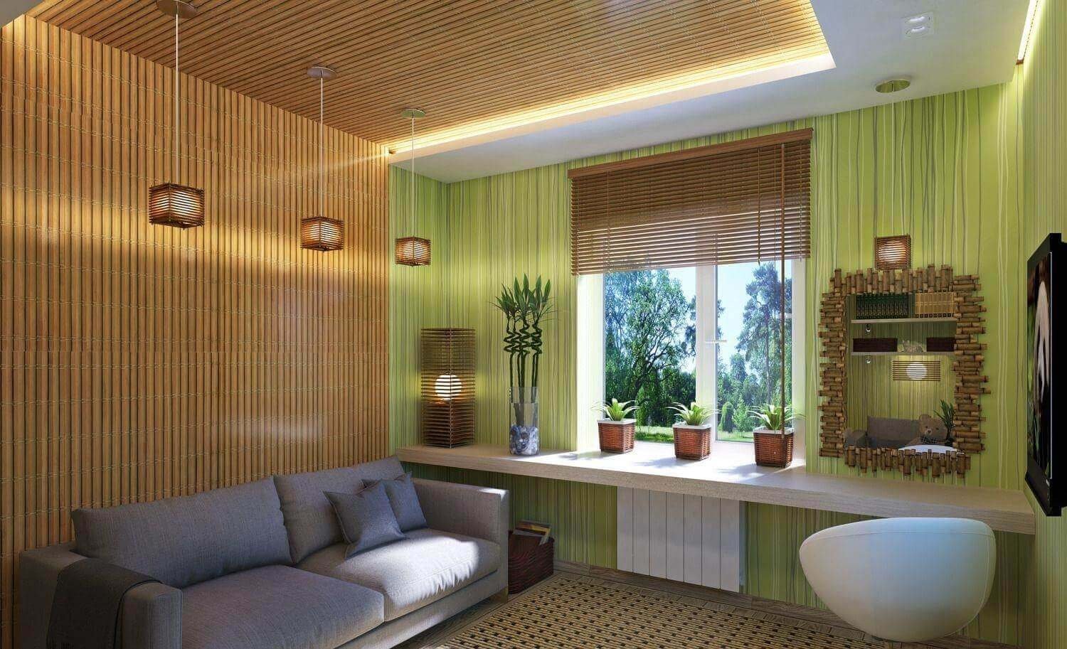 Бамбуковые стены купить. Экостиль в гостиной бамбук. Бамбуковое полотно Cosca в интерьере. Потолок экостиль. Потолок в эко стиле.