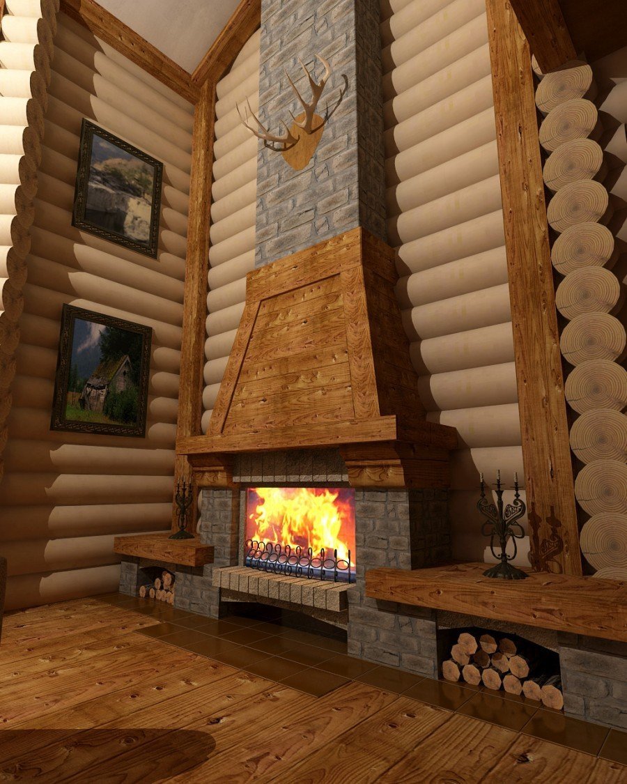 Деревянная гостиная с камином