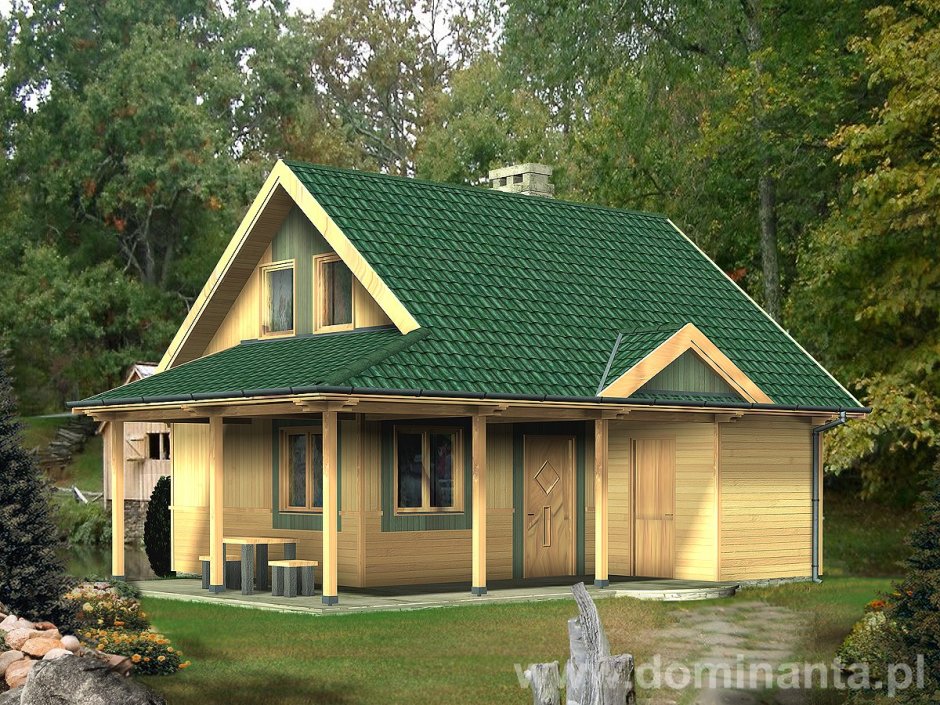 Деревянные дома с зеленой крышей