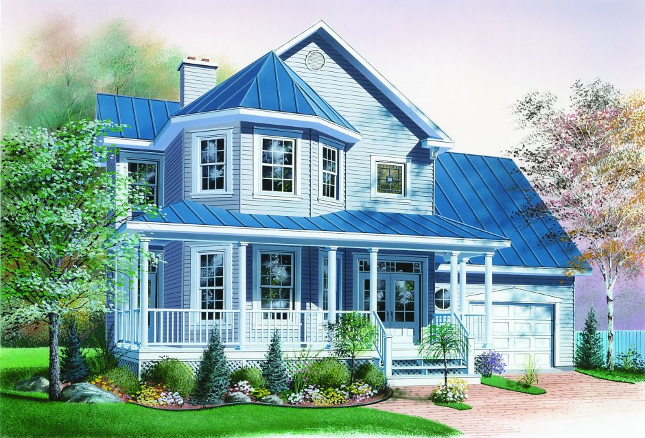 Белый дом с голубой крышей
