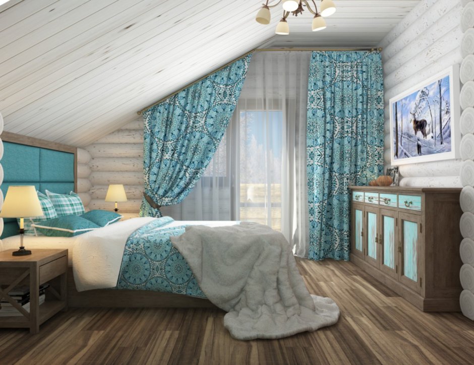 Спальня на мансарде в деревянном доме