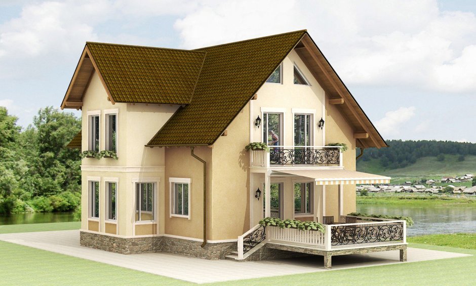 Двухэтажный дом с террасой и балконом