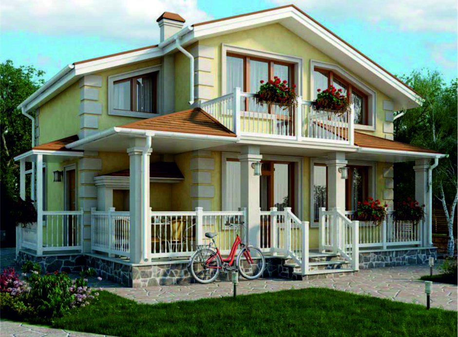 Дом с балконом колоннами и террасой