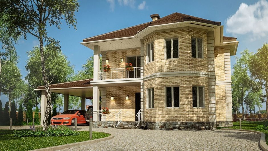 Двухэтажный дом с мансардой и балконом