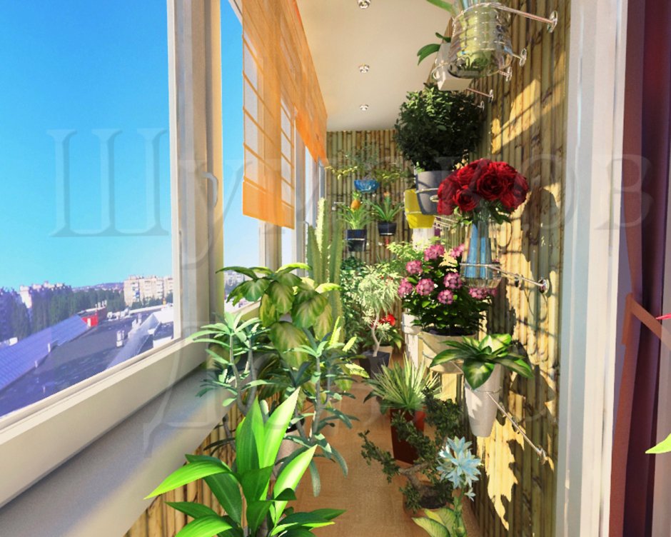 Остекленный балкон с цветами