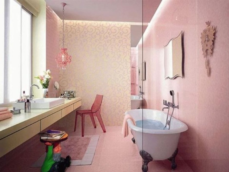 Однотонная розовая ванная комната